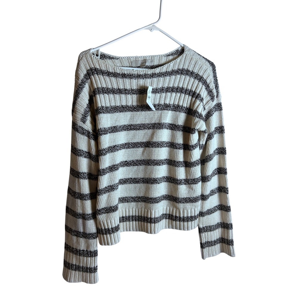 LOFT Striped Ribbed Sweater XS Ivory Black Crewneck Long Sleeve Women